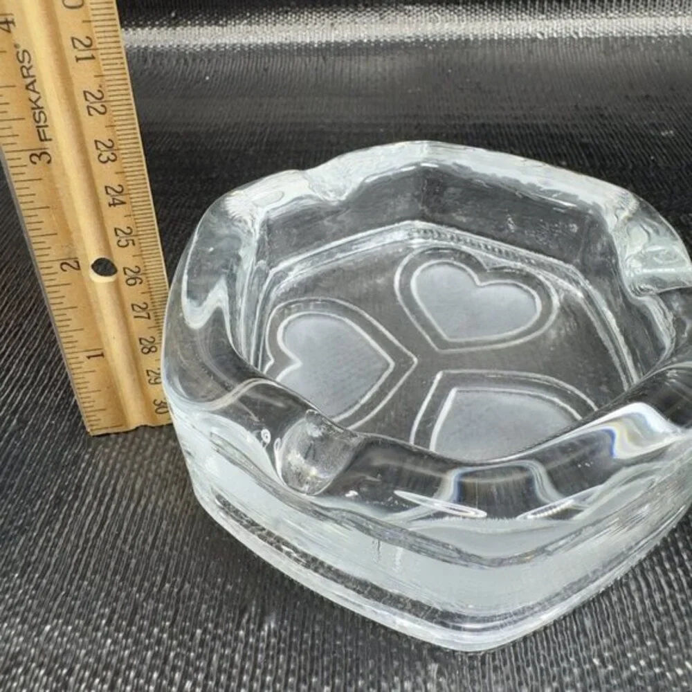 Vintage Scandinavian Clear Glass Dish Bowl Ashtray With Frosted Satin Hearts VTG